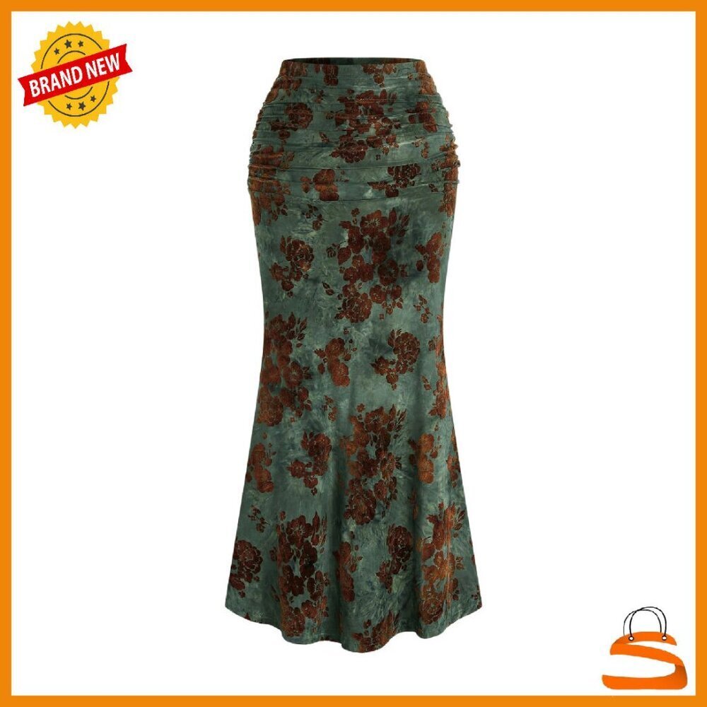 Plus Size Floral Maxi Skirt High Waist Ruched Fishtail Bodycon